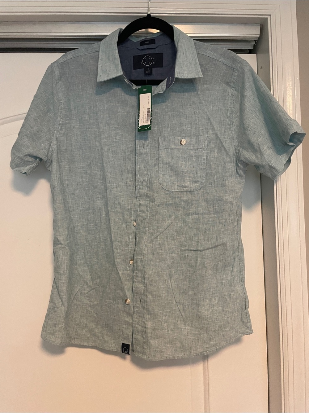 NWT! Men's Even Tide Slim Short-Sleeve Button-Down Shirt - Light Aqua Size Small